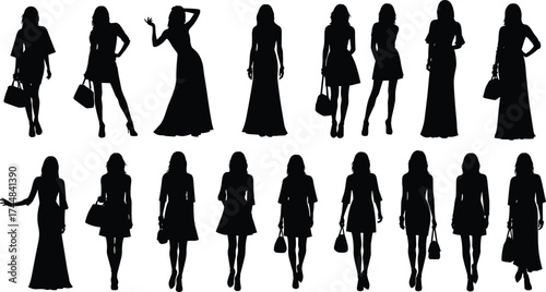Set of eighteen black female silhouettes in various fashion poses and outfits for design, modeling, character art, and vector illustration use