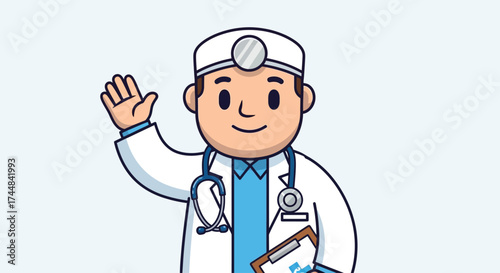 Friendly cartoon doctor waving hello offering healthcare solutions and medical advice, perfect for a website or presentation needing a welcoming doctor