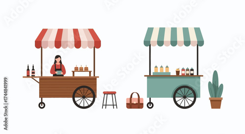 Two charming food carts with vendors and products displayed.