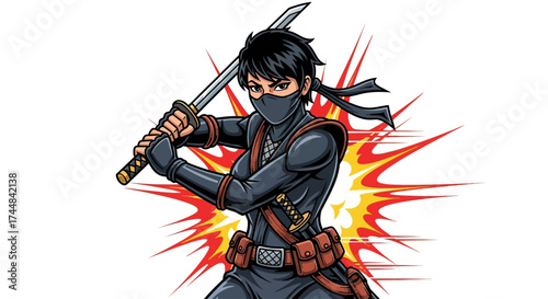 Dynamic ninja warrior ready for action with katana sword, striking pose against vibrant explosion background for gaming and animation projects