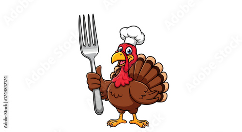 Get ready to feast with this adorable cartoon turkey chef holding a giant fork, perfect for Thanksgiving promotions or holiday themed designs