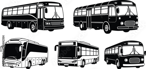 Set of six black and white bus vector illustrations showing classic and modern styles for transport, education, design, and reference use