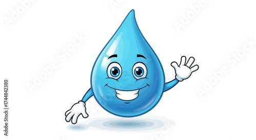 Fresh and playful water droplet mascot waving hello with a friendly smile, perfect for branding, educational materials, and eco-friendly campaigns
