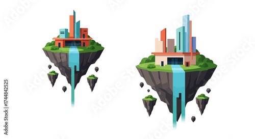 Two stylized 3D floating islands with modern buildings and waterfalls.