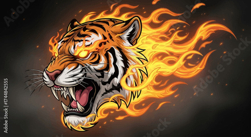 Fierce tiger engulfed in flames with glowing eyes, a symbol of power and intensity perfect for branding, gaming, and fierce character designs
