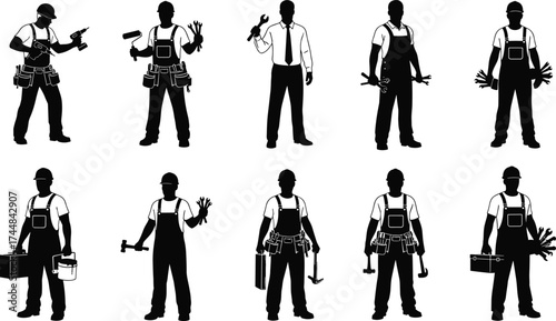 Set of ten black worker silhouettes with tools and uniforms representing manual labor and technical professions for vector illustration and design use