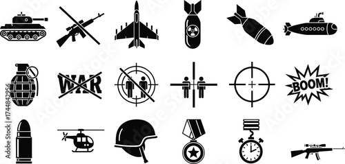 Set of twenty black silhouette icons representing military equipment, weapons, conflict symbols, and anti-war graphics, ideal for tactical design
