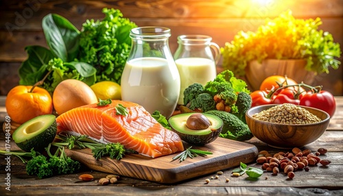 Selection of healthy foods arranged on wooden board showcasing fresh ingredients and nutritional value for balanced diet and healthy lifestyle.
