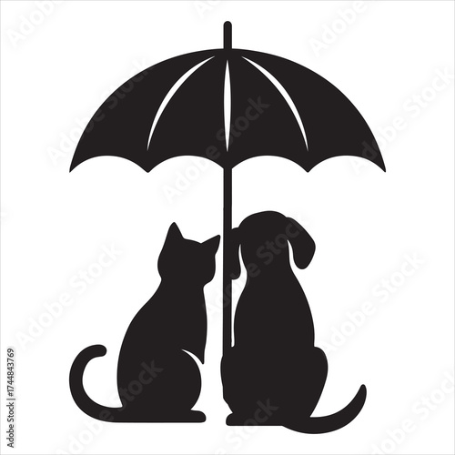 a cat and dog couple sitting close together under a large umbrella