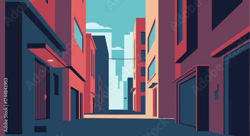 Urban Alleyway with Modern Buildings and Clear Sky.