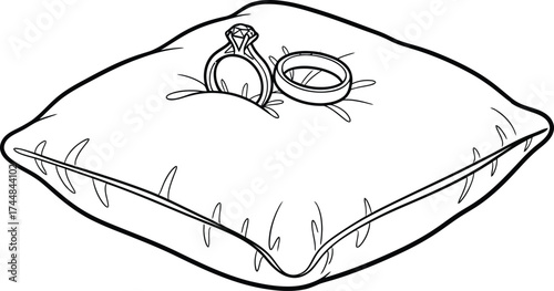 Wedding rings on pillow drawing vector illustration outline