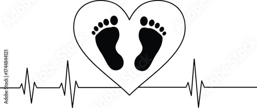 Heartbeat line with baby footprints inside heart, newborn love concept, pregnancy care vector illustration, maternity health design, motherhood medical symbol