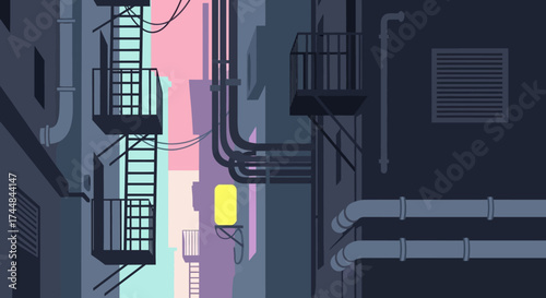 Vector Illustration of a Dark Urban Alley with Fire Escapes.