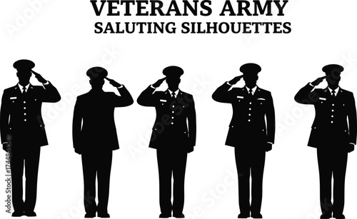 Veterans Army Saluting Silhouettes of Military Men in Uniform, Honoring Service, Patriotism, Discipline, Respect, and National Defense Tribute