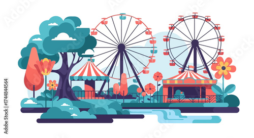 Vibrant Amusement Park with Ferris Wheels and Carousels.