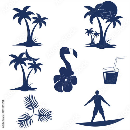Collection of tropical island elements including palm trees a surfer a snake and a bucket of ice