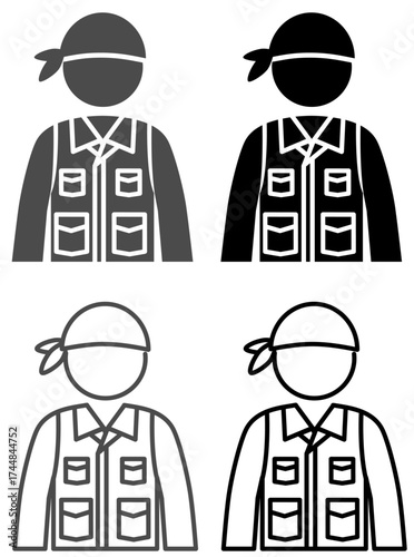 	作業服、頭にタオルの大工、とび職、左官工