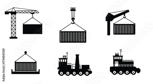Illustrations of construction cranes shipping containers and transport vehicles