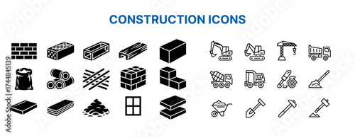 Construction icons set of brick, beam, channel, girder, block, excavator, crane, truck, cement mixer, wheelbarrow, shovel, hammer, window and construction material icons