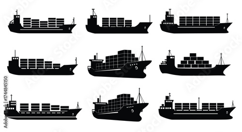 Silhouettes of container ships and cargo vessels at sea
