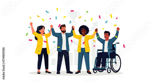 Diverse Group Celebrating Together with Arms Raised.