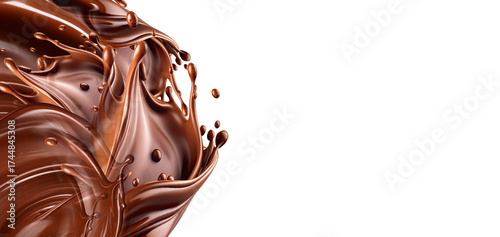 Splashing liquid chocolate swirl . Realistic liquid chocolate long wave splash, enticing with its creamy richness, captures the essence of indulgence in a delectable treat. Isolated 3d  brown splashin