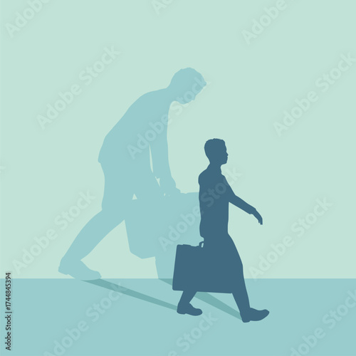 Difference between energy and mood level. Businessman in two versions tired and active. Ready to work and burnout comparison. Businessman walking with briefcase and casting shadow of weary man.