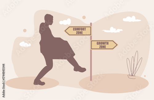 Step out of comfort zone, dare to walk your own way or manage to exit from routine job to start new business. Businessman moving forward or take a chance to success. From comfort to growth.