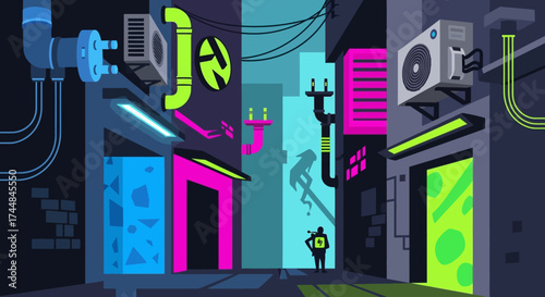 Vibrant Neon Alleyway with Mysterious Figure and Industrial Elements.
