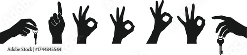 Human hand gestures silhouettes, holding key and showing OK signs, vector illustration isolated on white background for design, symbol, communication, and concept art