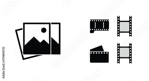 Black and white icons depicting photography and film reel elements