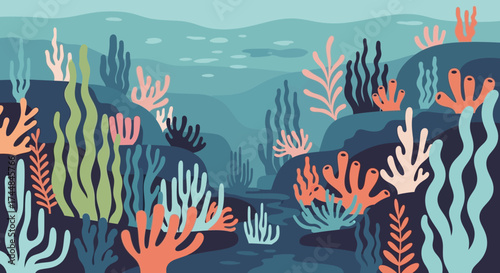 Vibrant underwater coral reef ecosystem with diverse marine flora.