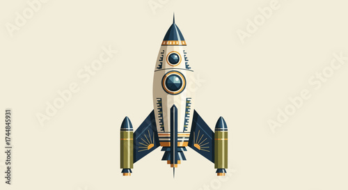 Vintage rocket ship design with detailed features and retro aesthetic.