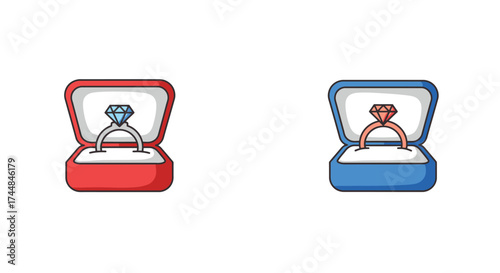 Two engagement rings in open boxes one with a blue one with a red stone