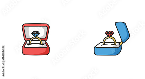 Two colorful ring boxes presenting jewelry with shimmering gemstones inside