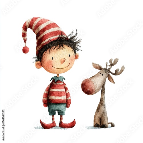 Christmas elf character and cute reindeer watercolor painting