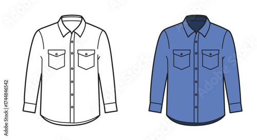 Illustration of two long sleeved button down shirts in different colors