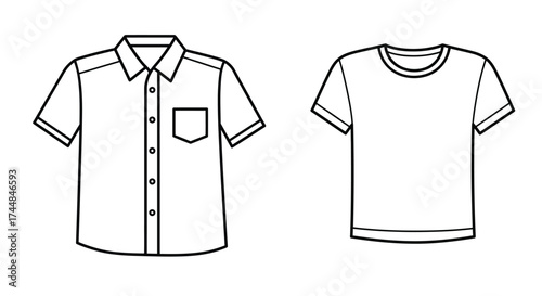 Simple line drawing of a button down shirt and a basic t shirt