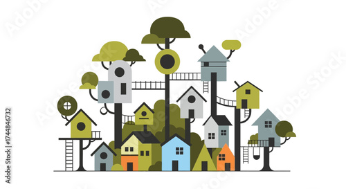 Whimsical illustration of a colorful treehouse village with various structures.
