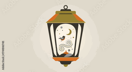 Whimsical Lantern Illustration with Bird, Moon, and Stars.