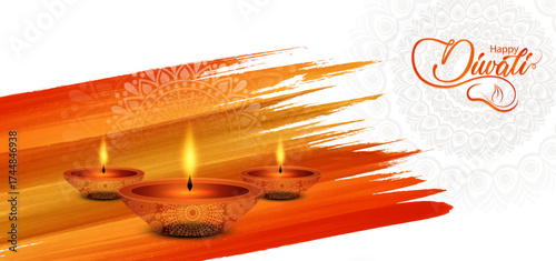 Diwali Festival Celebration Background with Floating Glowing Diyas, Bright Orange Brush Stroke Texture, Warm Festive Light Glow, and Indian Holiday Celebration Design