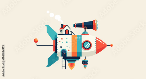 Whimsical Rocket Ship with House and Telescope.