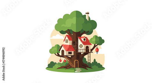 Whimsical Treehouse Illustration - A Cozy Retreat in Natures Embrace.