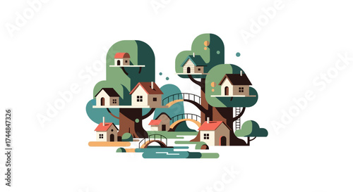 Whimsical Treehouse Village Illustration with Houses and Bridges.
