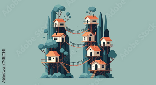 Whimsical Treehouse Village Connected by Bridges on Rocky Peaks.