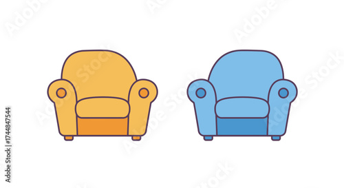 Two simple armchairs in yellow and blue side by side illustration