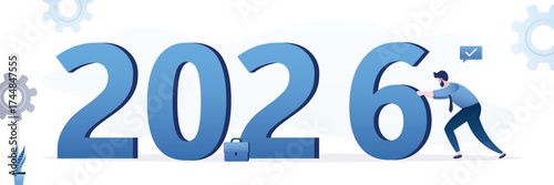 Year 2026 hope, new year resolution or success opportunity, change to new innovation business, overcome business difficulty concept, ambitious businessman push giant number.
