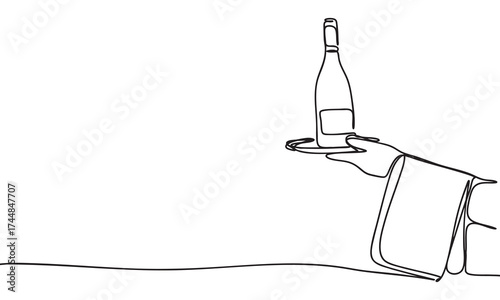 Waiter Serving Wine Bottle on Tray - Line Art