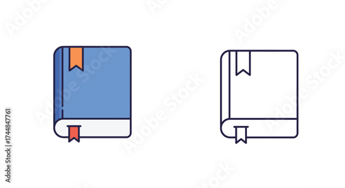 Two simple book icons one colored and one outlined are shown