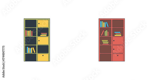 Two colorful cubby bookshelves displaying books and decorative items